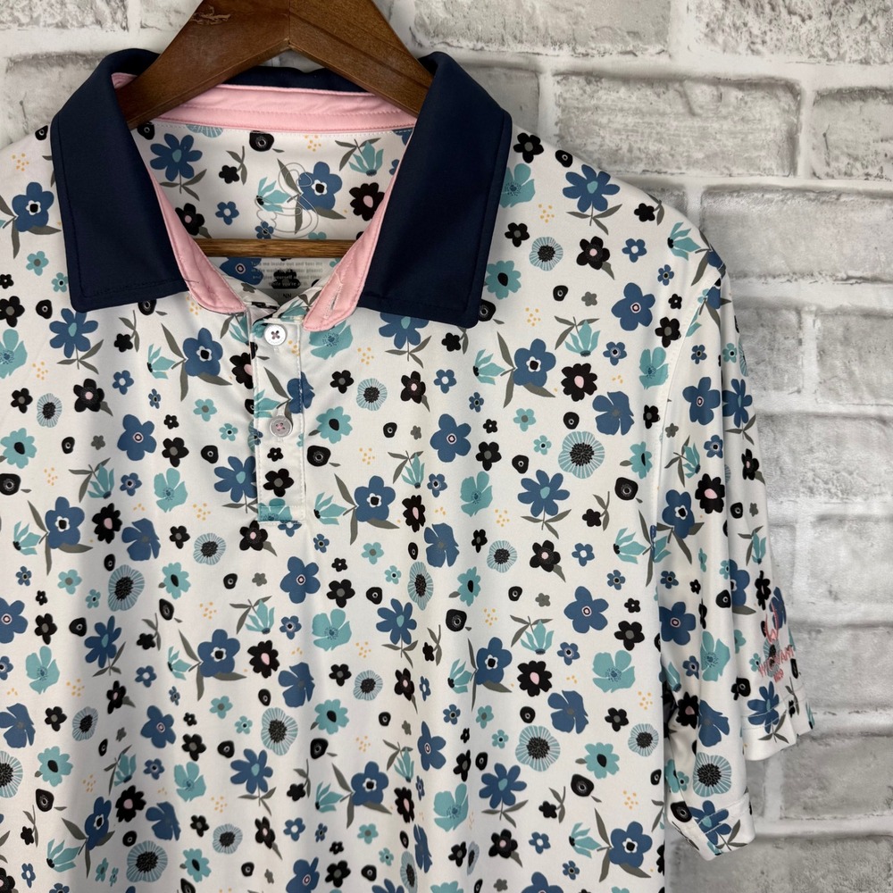 Swannies Mens XL Spring Floral AOP Golf Polo Shirt Blue White Wigwam 1923